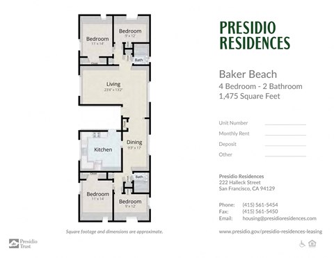 Floor plan for 4 beds, 2 baths, 1475 sqft